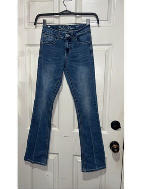 Women's Cedar Rose Blue Boot Cut Jeans with Purple Embellishments, Size 14